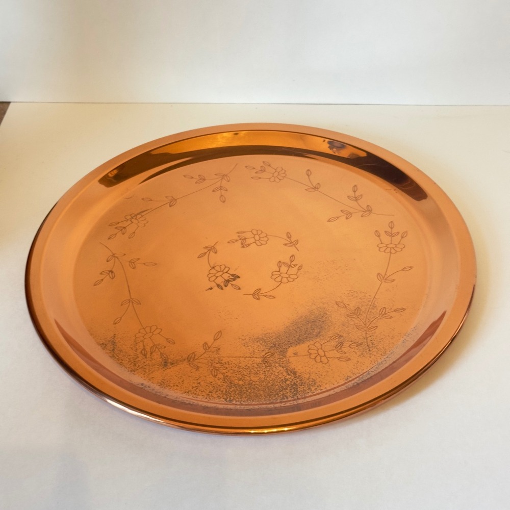 Vintage Round Copper Serving Tray Etched Floral Vine Design 12 Inch Decorative
